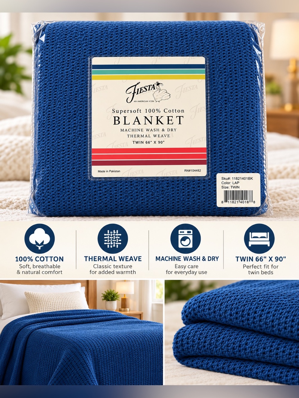 Fiesta Cotton Thermal Blanket in Royal Blue